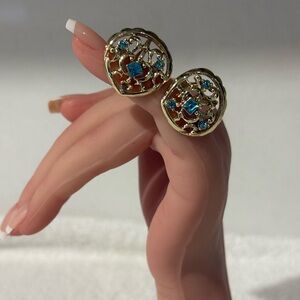 Mid- Century Modern Gold-Tone Filigree Screw Back Earrings with Blue Rhinestones